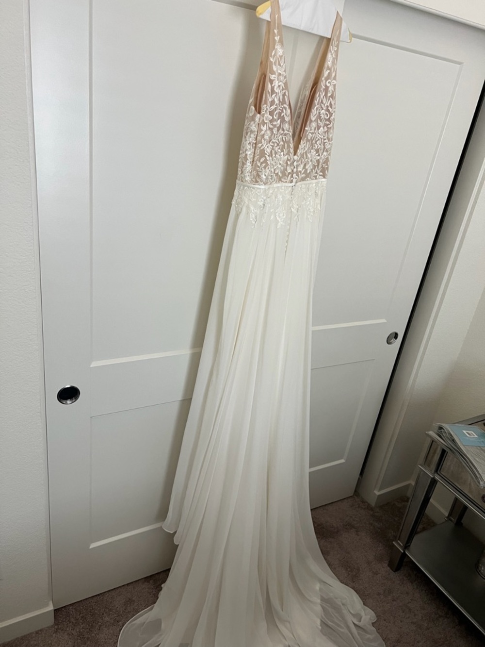 Jenny Yoo Ivory and Blush V-Neck Lace Bodice Chiffon Wedding Gown